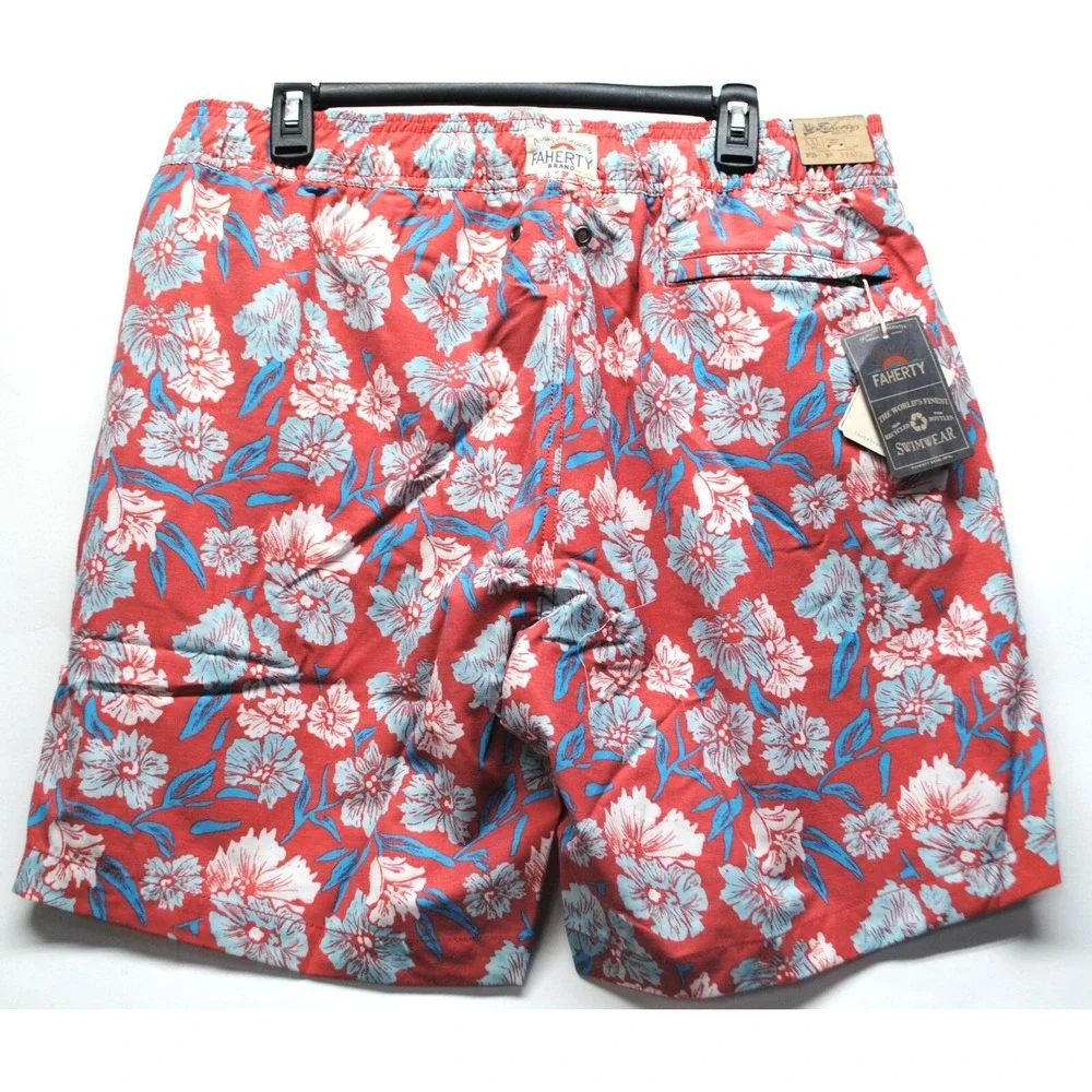 Faherty Mens Size 2XL Red Hawaiian Floral Adjustable Beacon Swim Trunks New J10